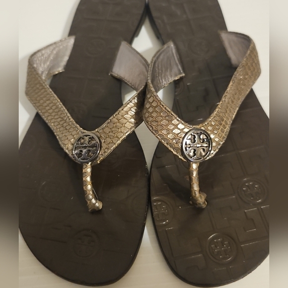 Tory Burch Thora Sandals Snakeskin Embossed Leather Flip Flops Brown Size 9 - Picture 3 of 13